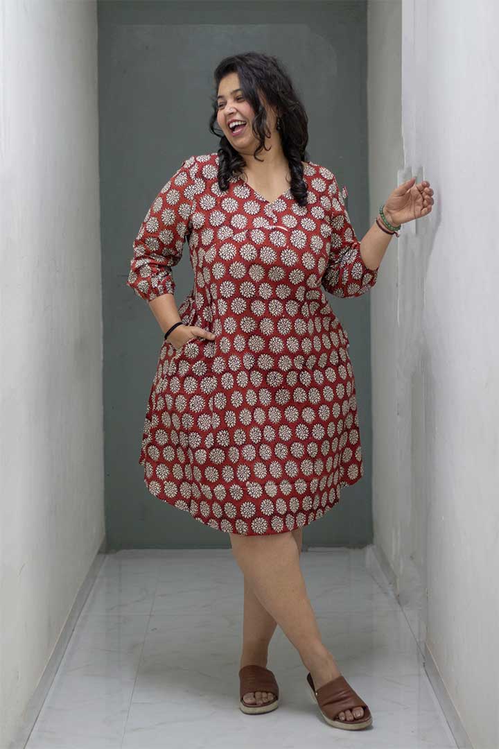 Cotton Block Print Maroon V-Neck Dress