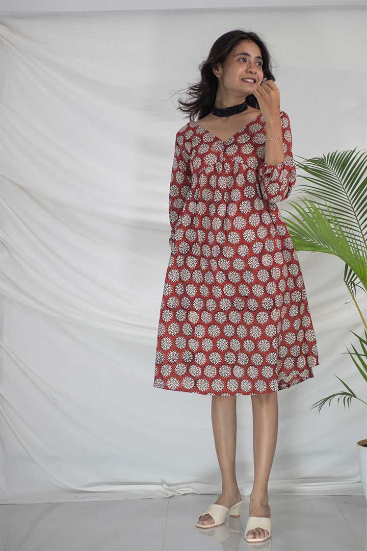 Maroon V-Neck Ajrak Print Cotton Dress