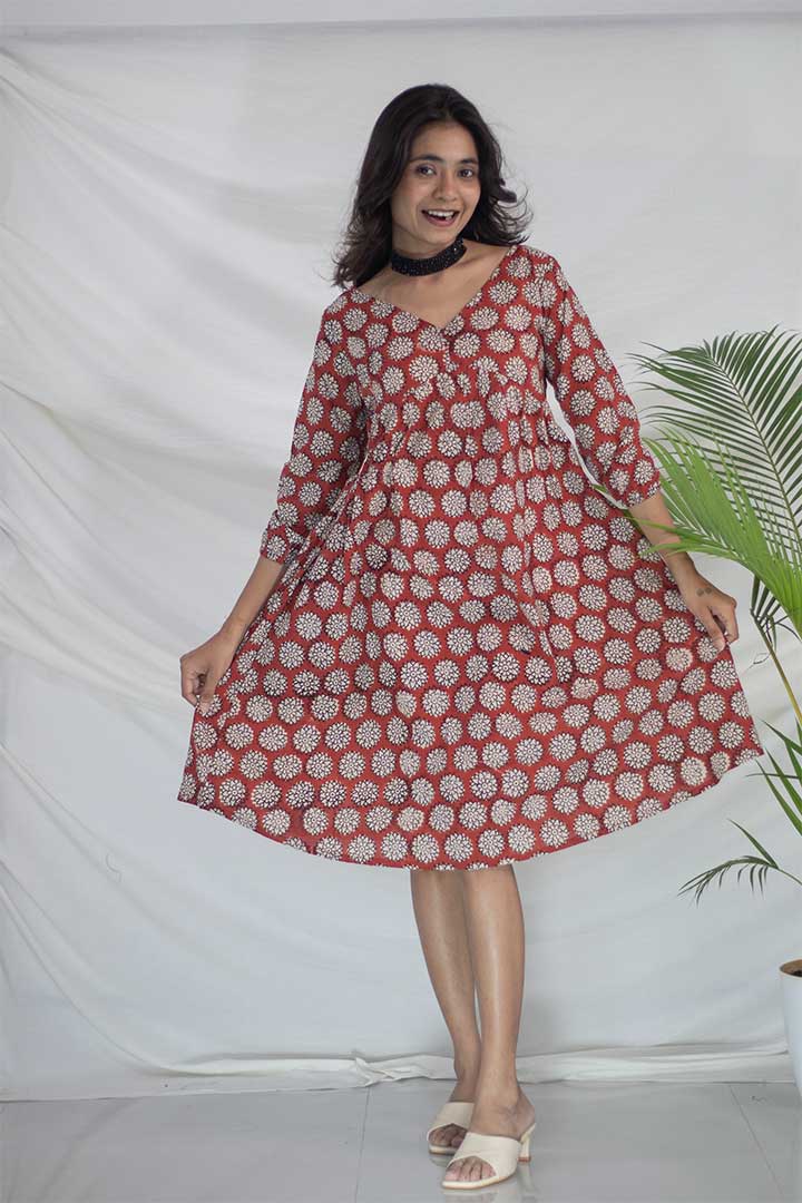 Maroon V-Neck Ajrak Print Cotton Dress