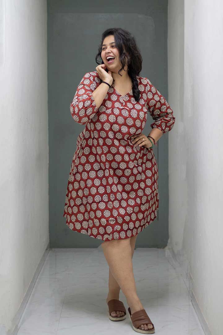 Cotton Block Print Maroon V-Neck Dress