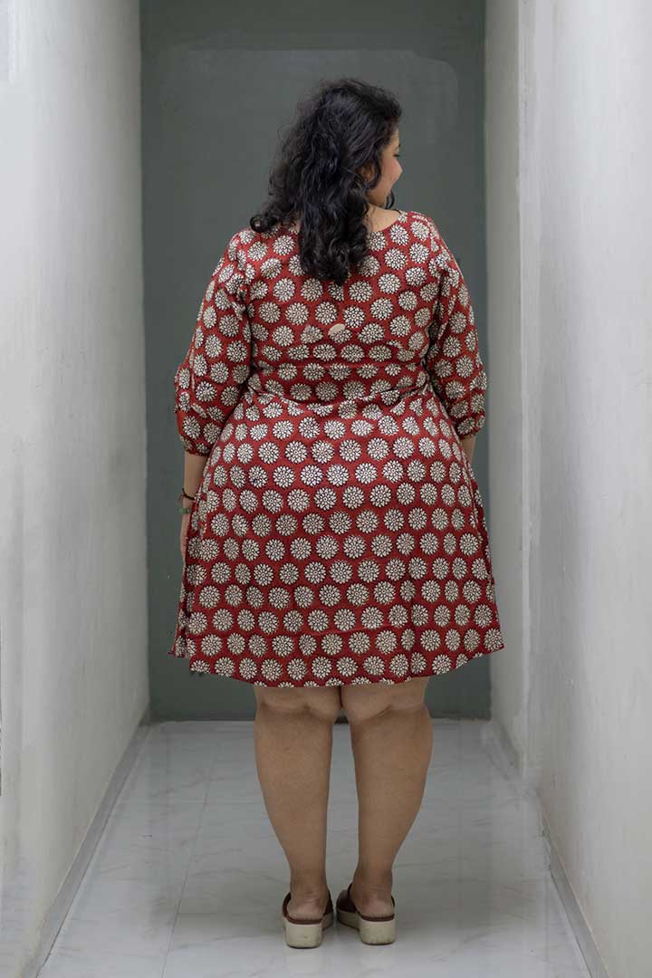 Cotton Block Print Maroon V-Neck Dress