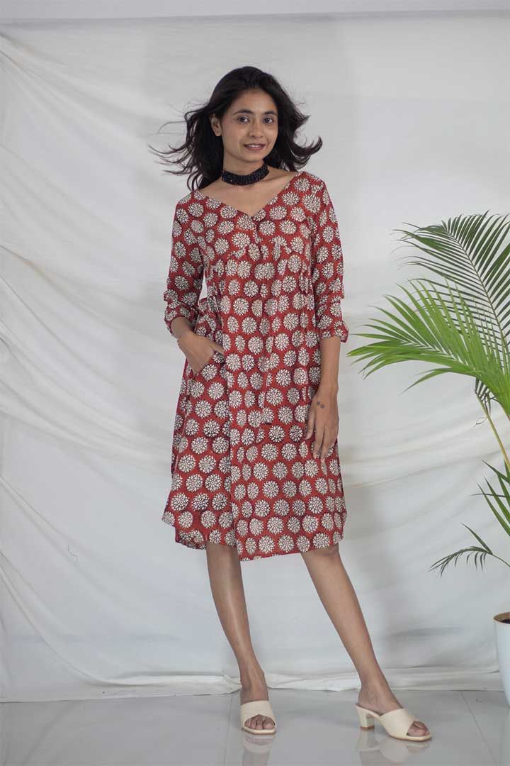 Maroon V-Neck Ajrak Print Cotton Dress