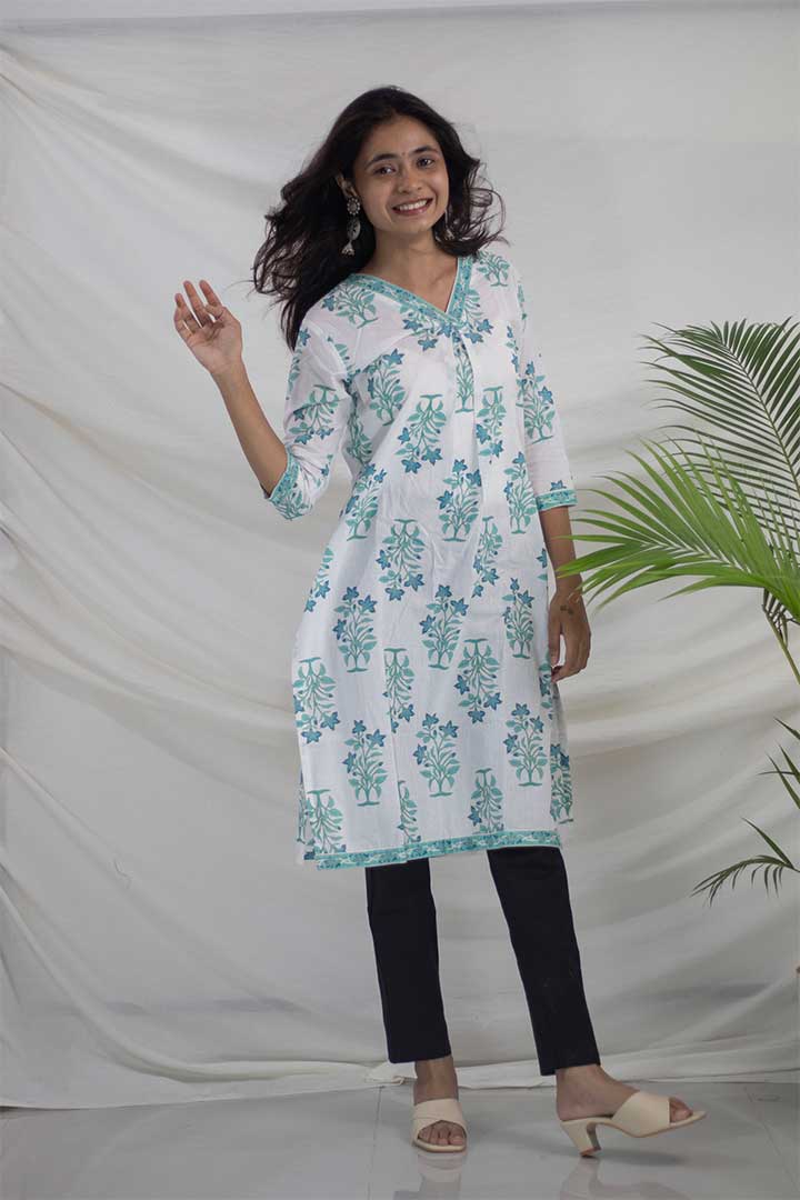 White Printed Cotton Kurti