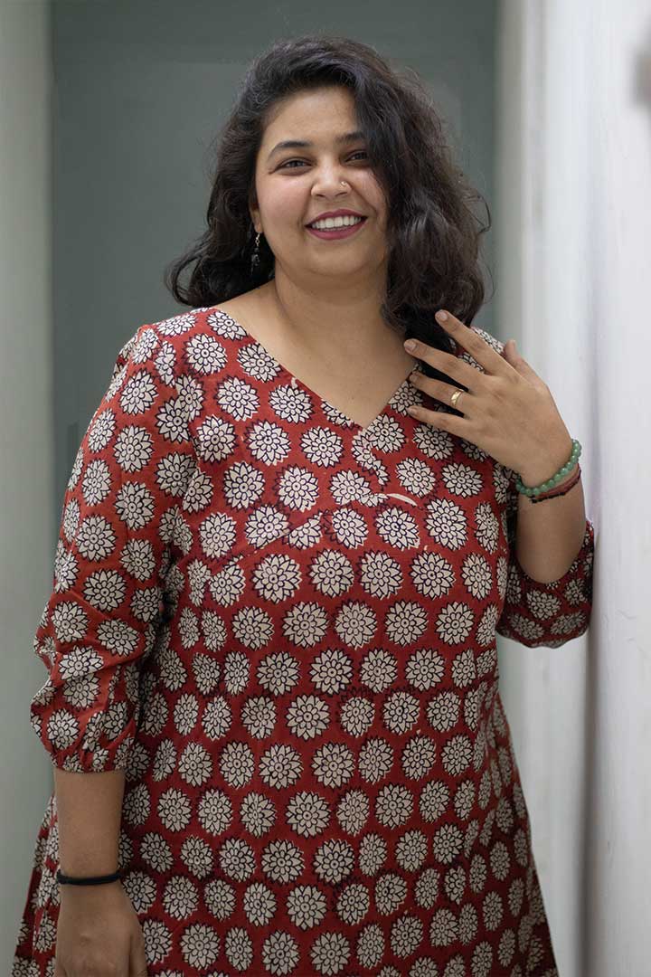 Cotton Block Print Maroon V-Neck Dress