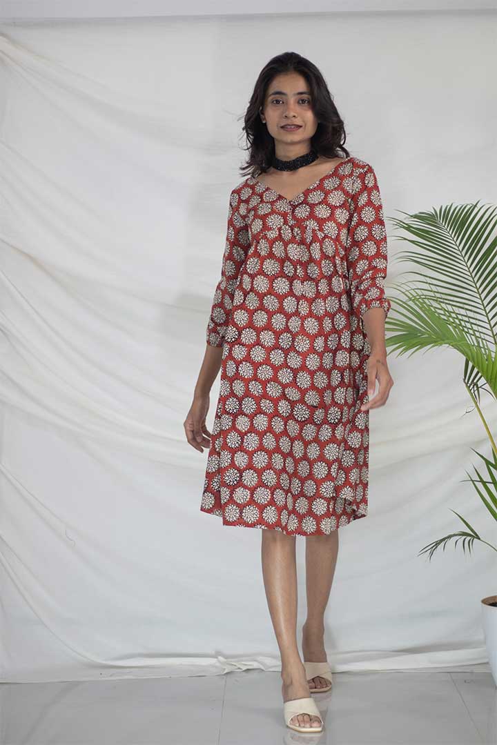 Maroon V-Neck Ajrak Print Cotton Dress