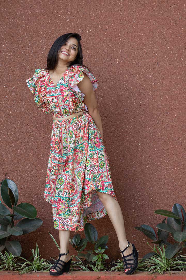 Beige Floral Cord Set For Women - Rose Cotton Vacation Wear