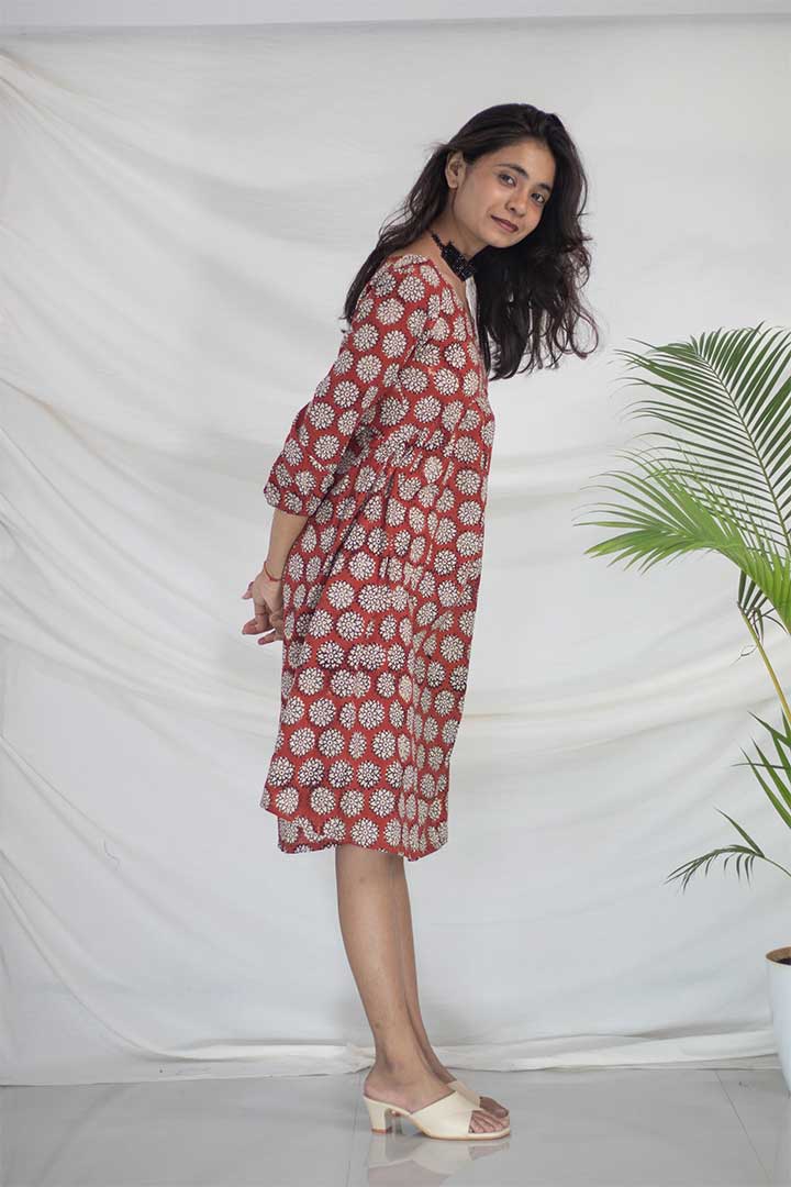 Maroon V-Neck Ajrak Print Cotton Dress