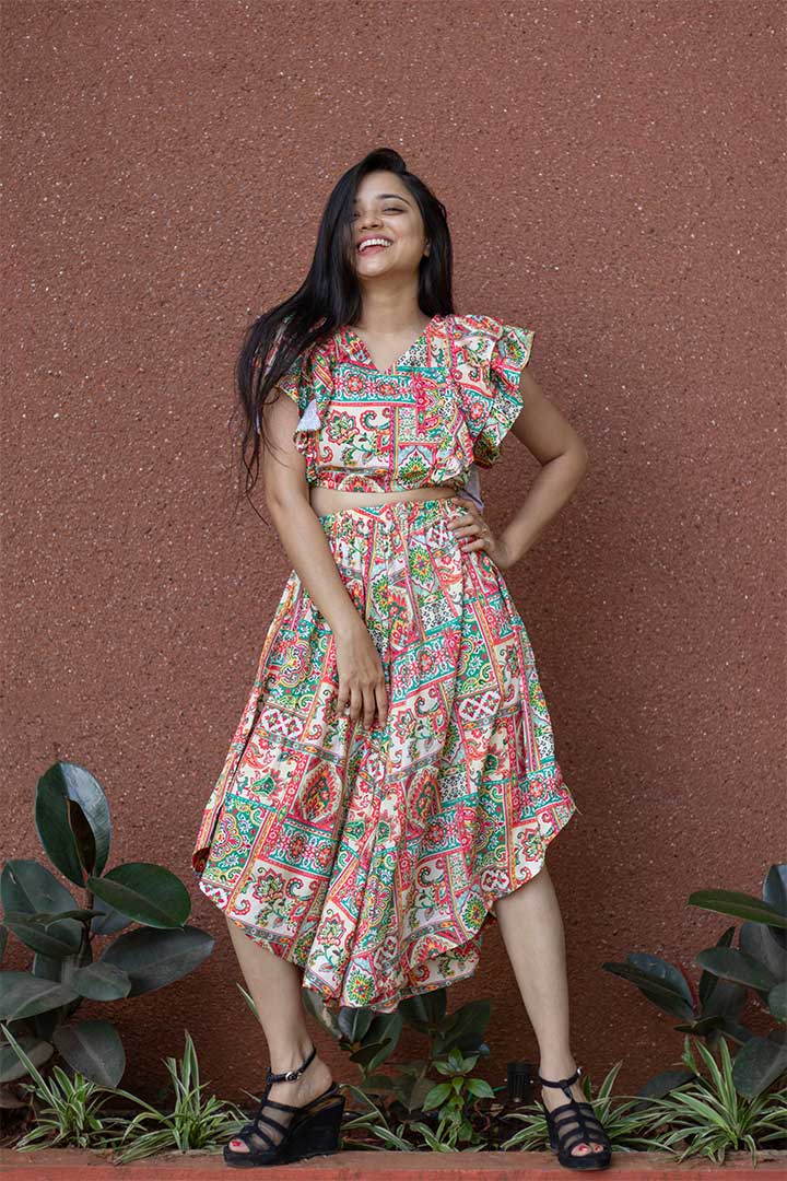 Beige Floral Cord Set For Women - Rose Cotton Vacation Wear