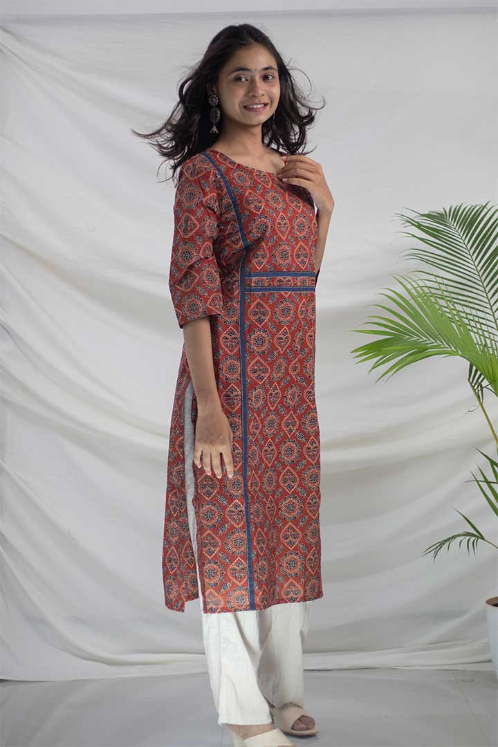 Maroon Ajrak Printed Cotton Kurti