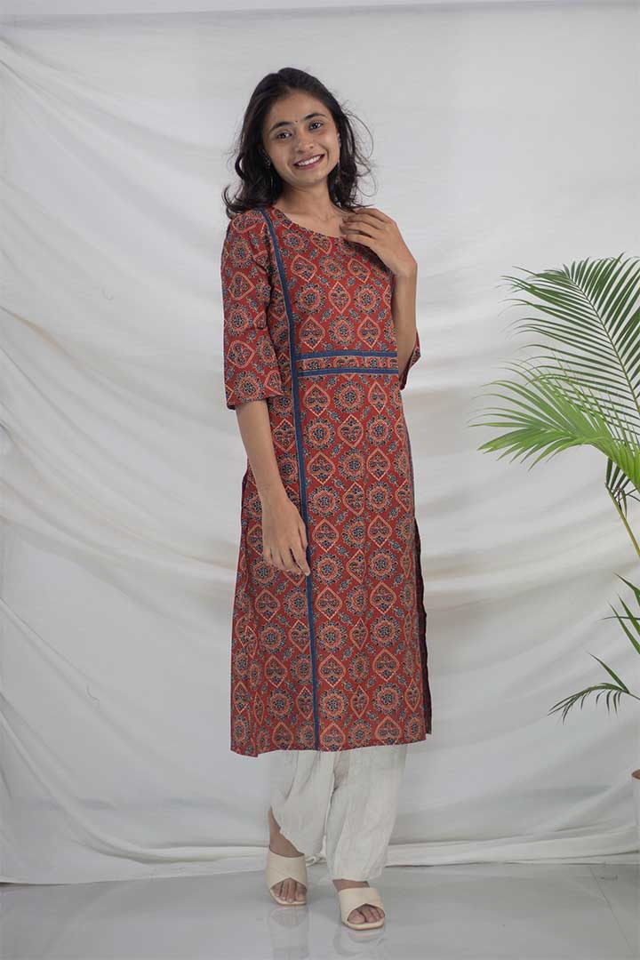 Maroon Ajrak Printed Cotton Kurti