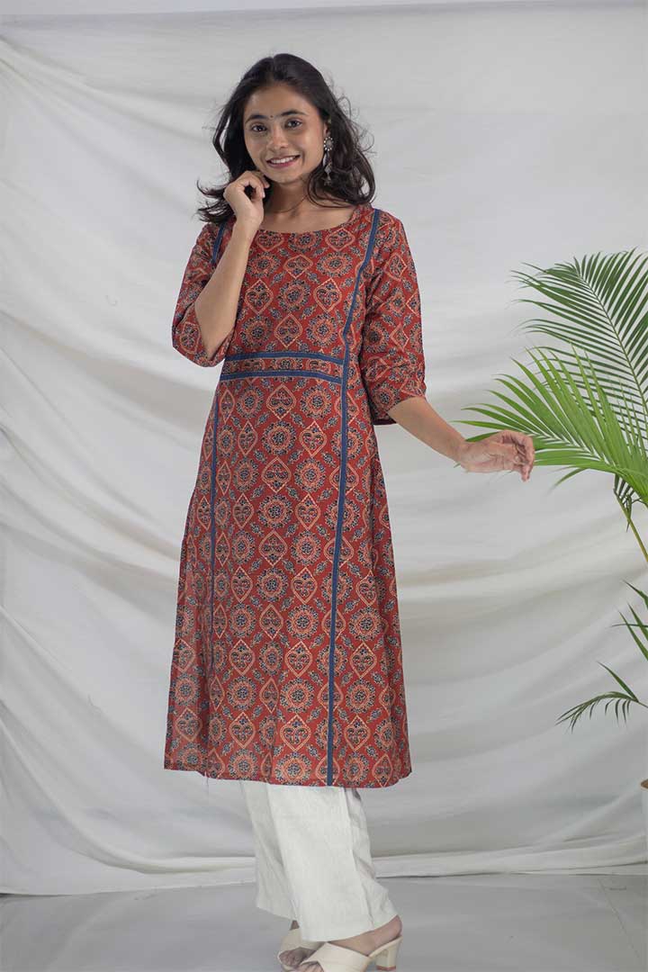 Maroon Ajrak Printed Cotton Kurti