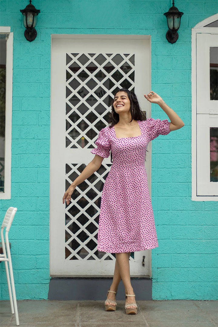 Pink Birdy Puff Sleeves Dress