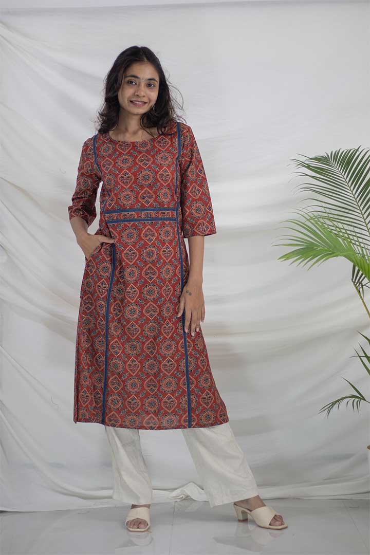 Maroon Ajrak Printed Cotton Kurti