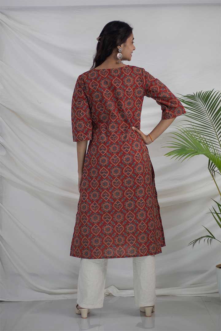 Maroon Ajrak Printed Cotton Kurti
