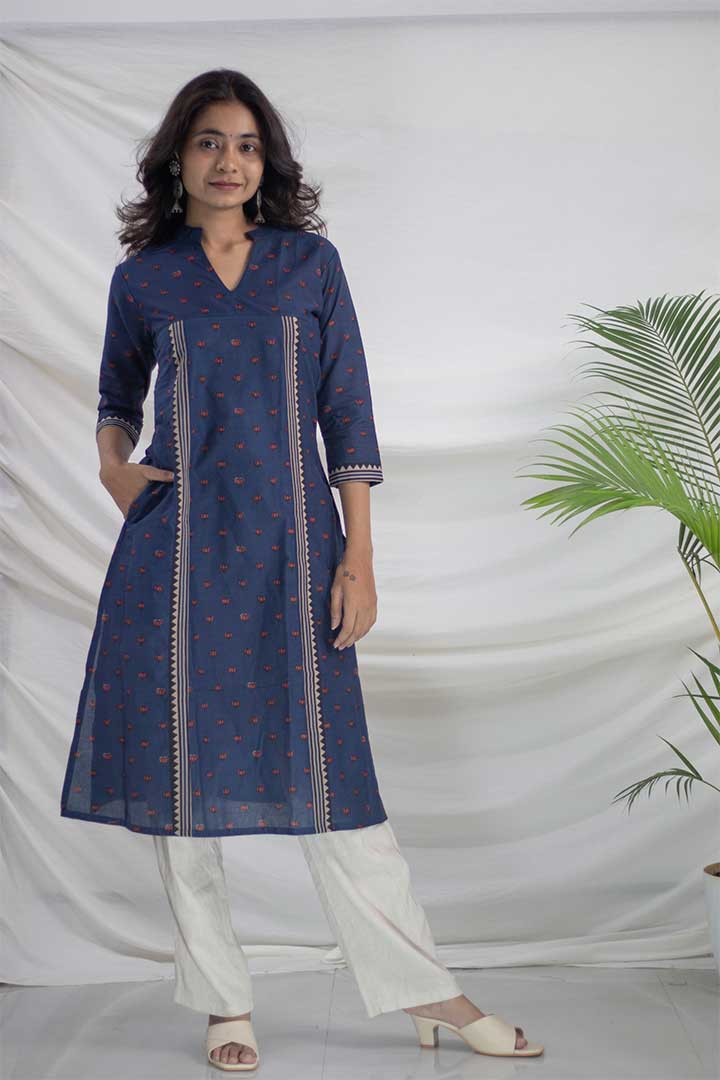 Blue Kamal Print Pocket Cotton Kurti