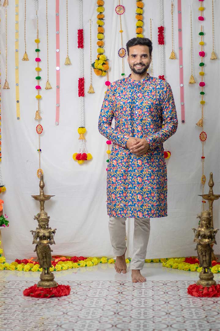 Blue Floral Mens Kurta