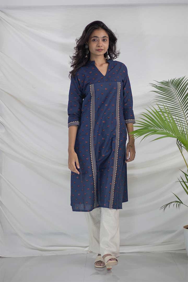 Blue Kamal Print Pocket Cotton Kurti