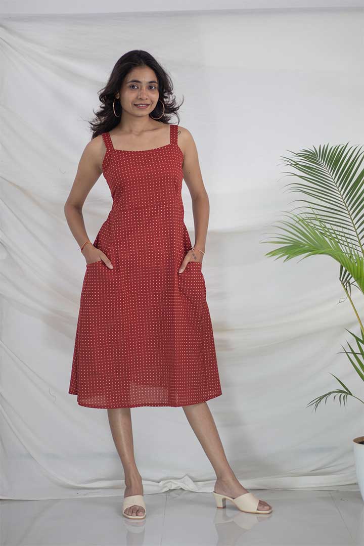 Maroon Polka Dot Strap Cotton Dress