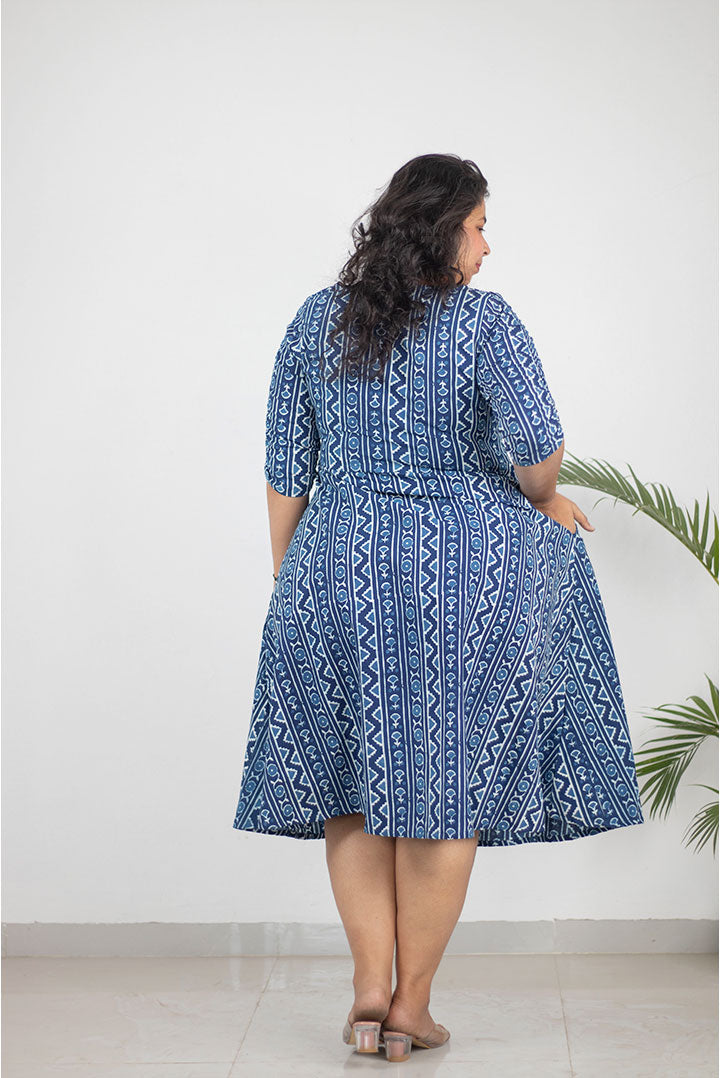 Plus Size Indigo Zig Zag Cotton Dress for Women | Handblock Printed | KMISTRY