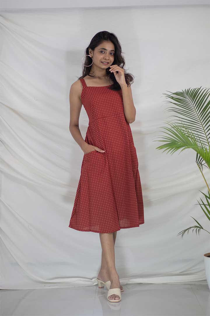 Maroon Polka Dot Strap Cotton Dress