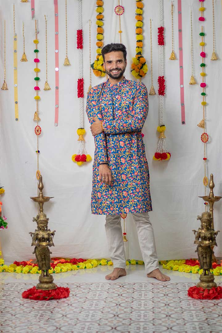 Blue Floral Mens Kurta