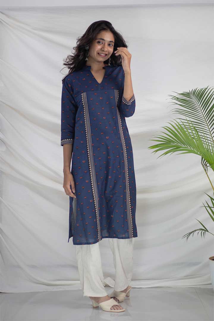 Blue Kamal Print Pocket Cotton Kurti