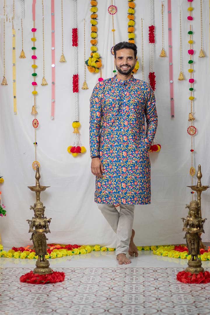 Blue Floral Mens Kurta
