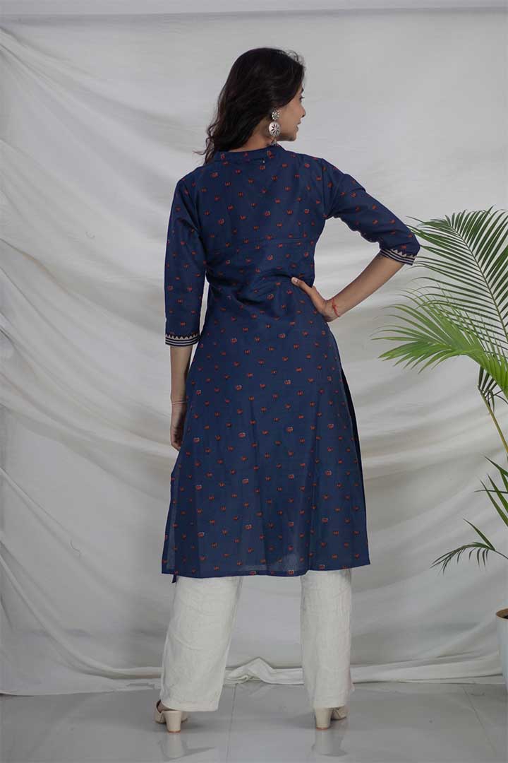 Blue Kamal Print Pocket Cotton Kurti