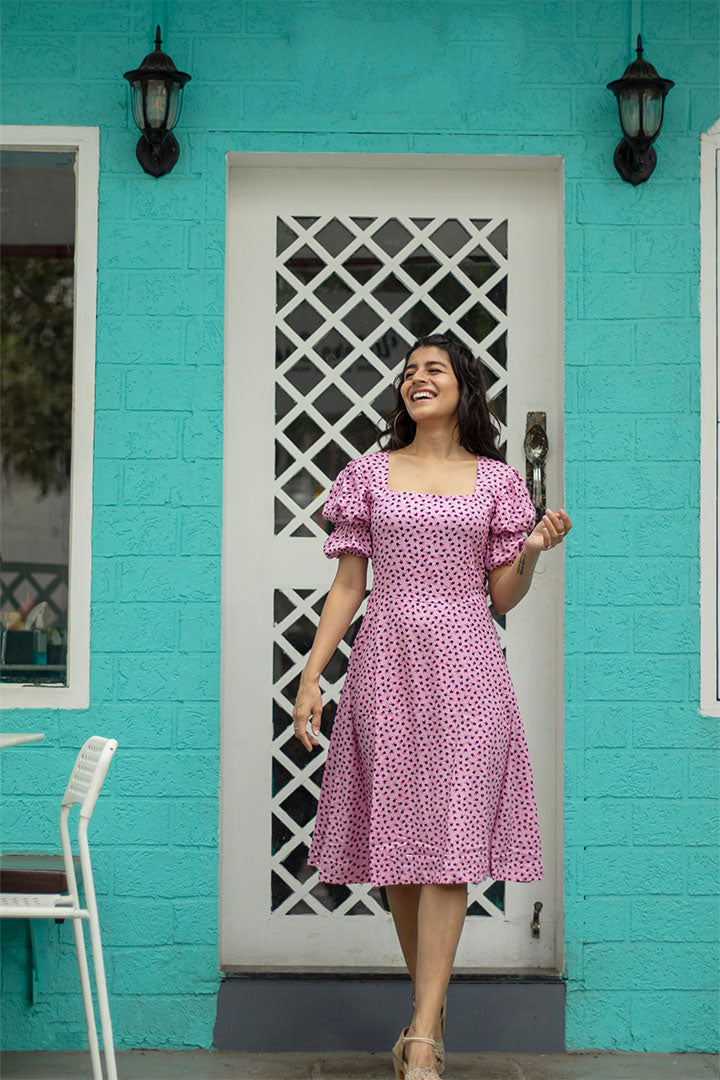 Pink Birdy Puff Sleeves Dress