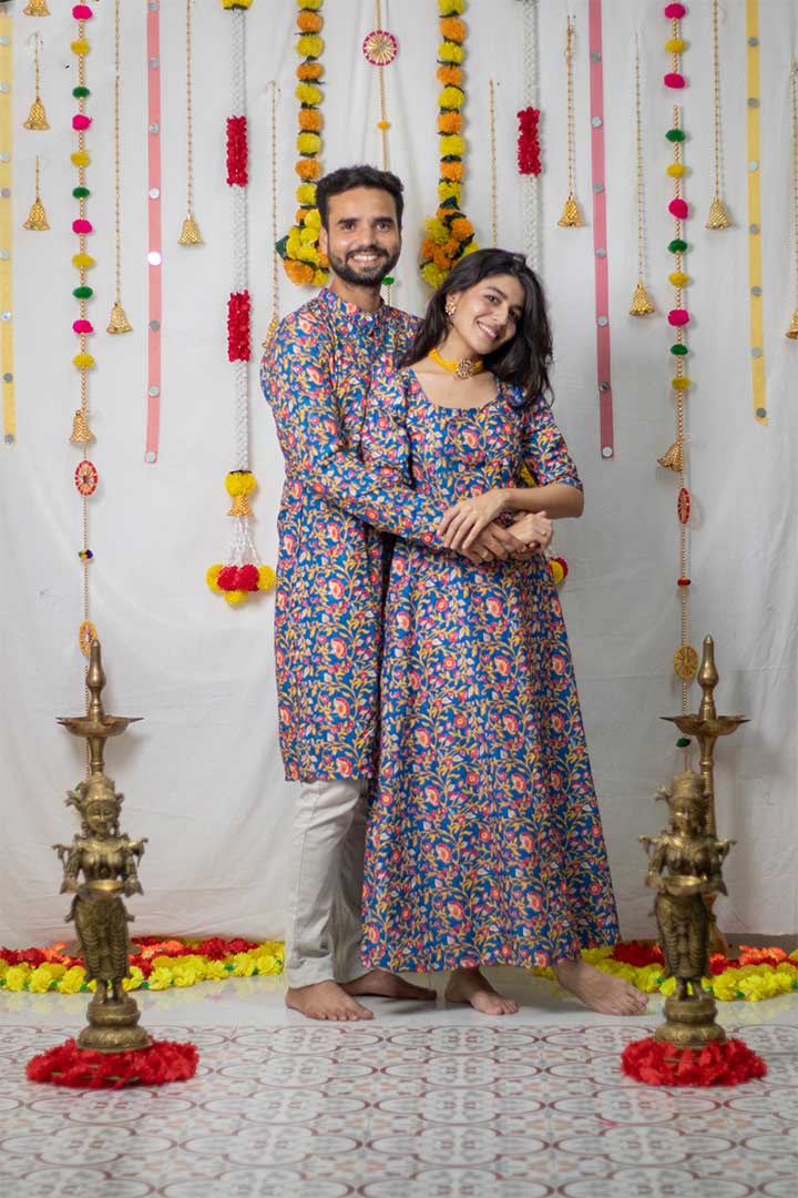 Blue Floral Mens Kurta