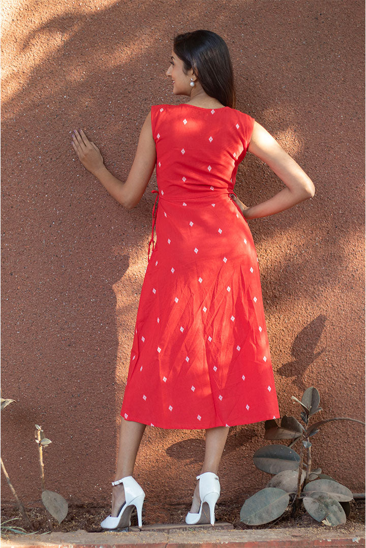 Wrap Style Cotton Red Dress