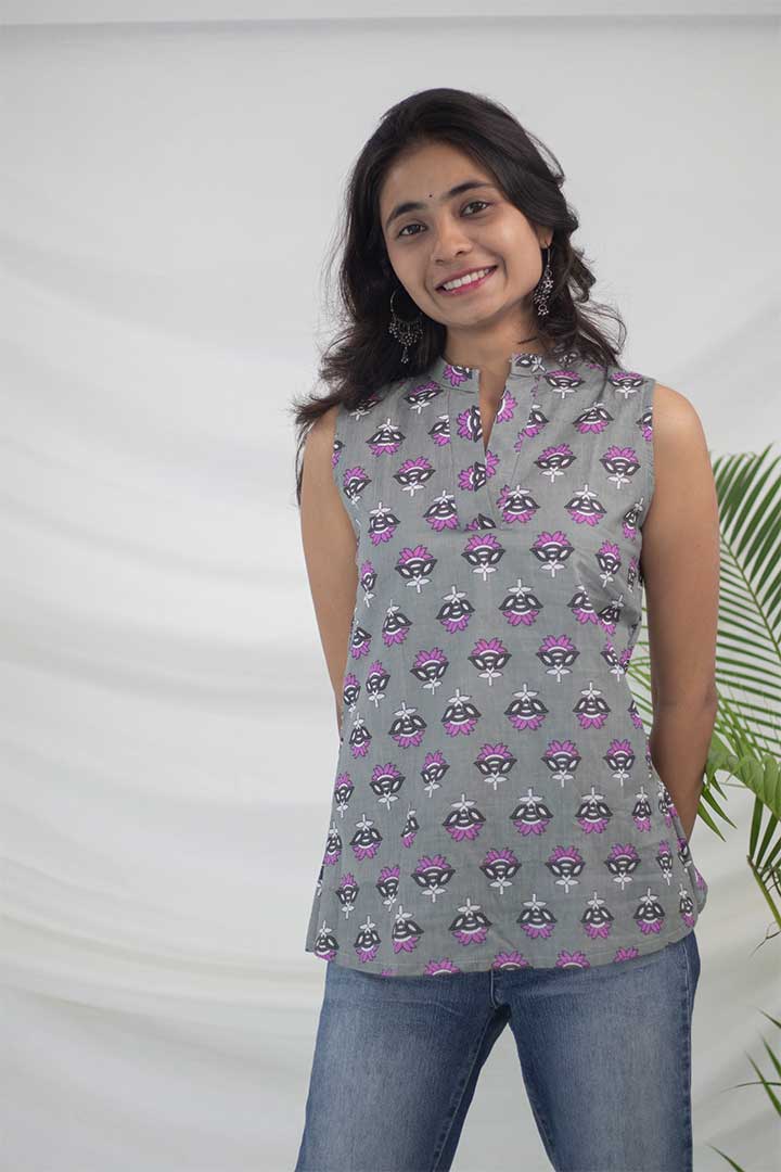 Grey V-Neck Cotton Top