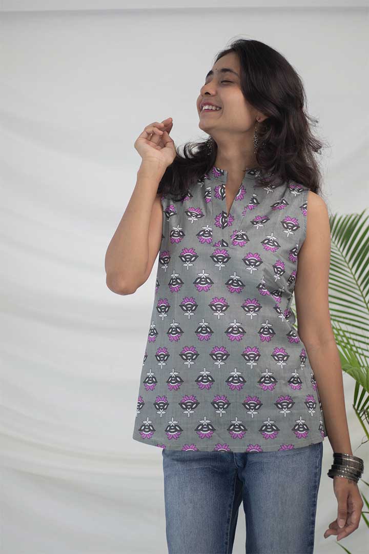 Grey V-Neck Cotton Top