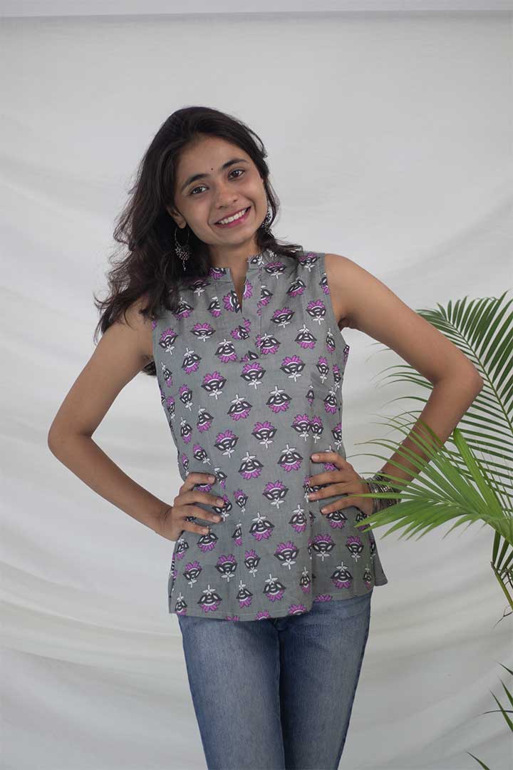 Grey V-Neck Cotton Top