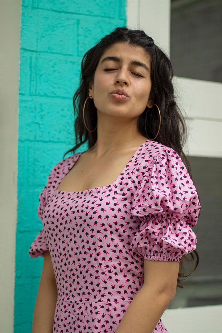 Pink Birdy Puff Sleeves Dress