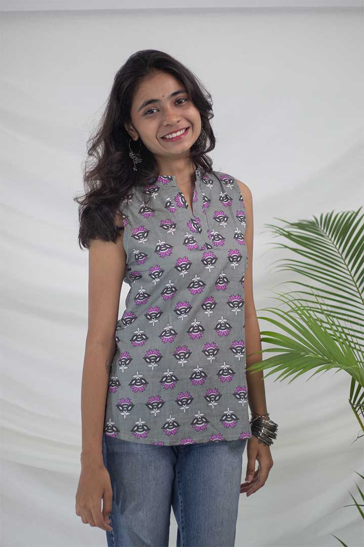 Grey V-Neck Cotton Top