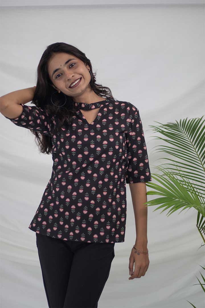 Black Floral Cotton Top