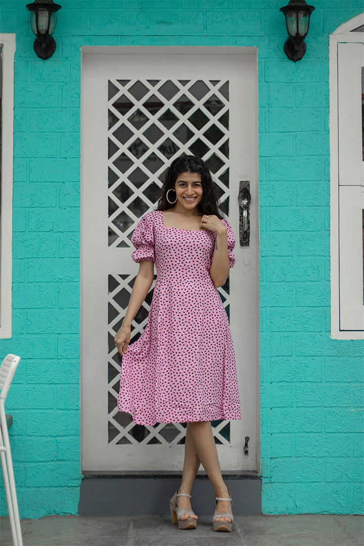 Pink Birdy Puff Sleeves Dress