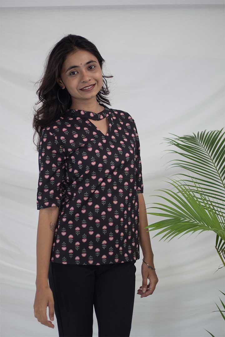 Black Floral Cotton Top
