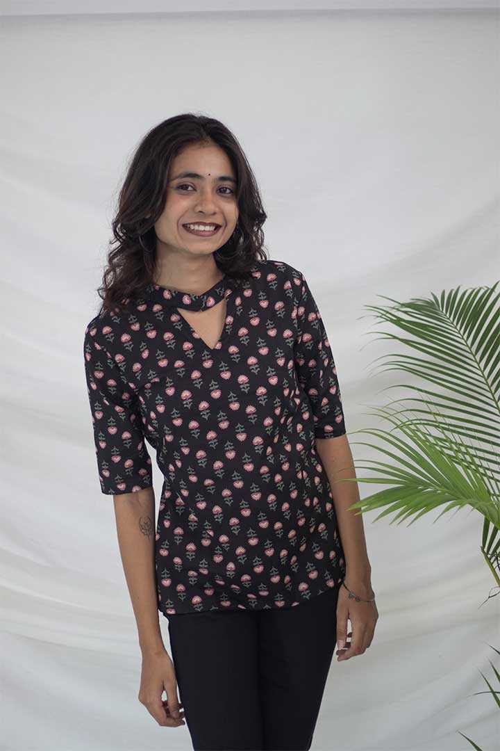 Black Floral Cotton Top
