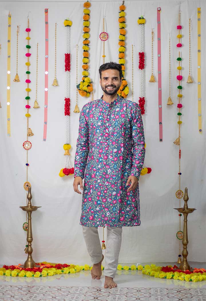Grey Floral Mens Kurta