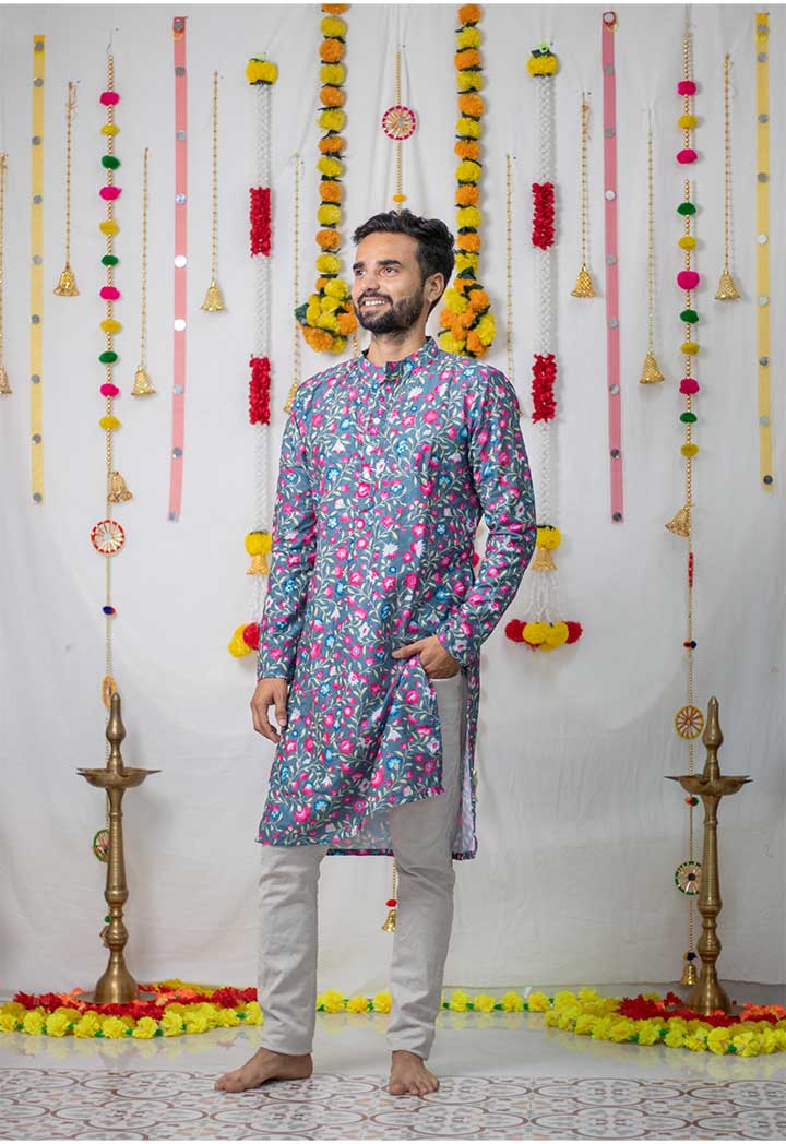 Grey Floral Mens Kurta