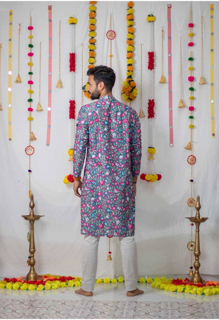 Grey Floral Mens Kurta