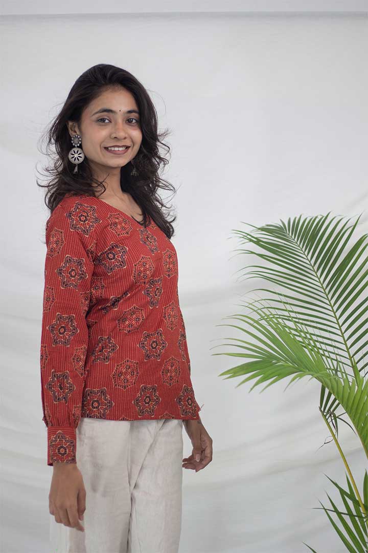 Brick Red Kantha work V-Neck Top