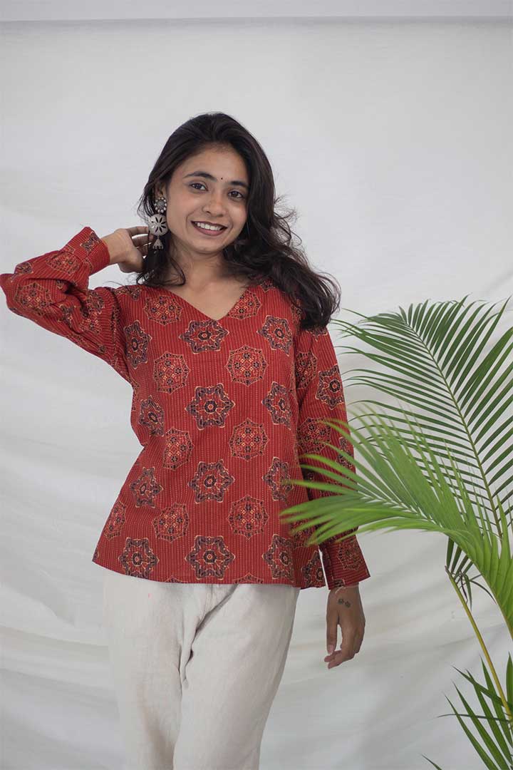 Brick Red Kantha work V-Neck Top