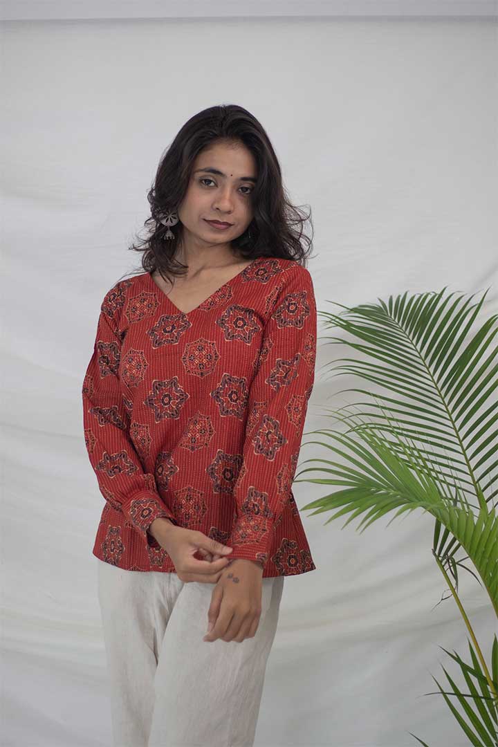 Brick Red Kantha work V-Neck Top
