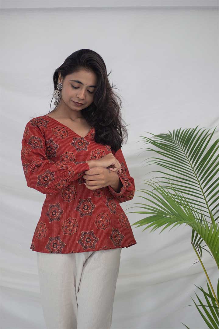 Brick Red Kantha work V-Neck Top