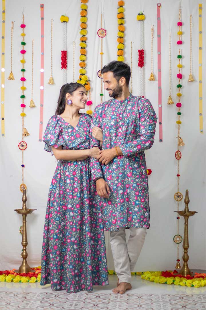 Grey Floral Mens Kurta