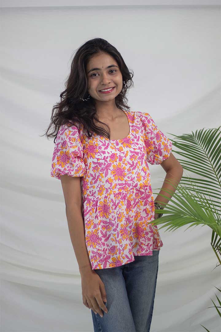 Pink Floral Gather Cotton top