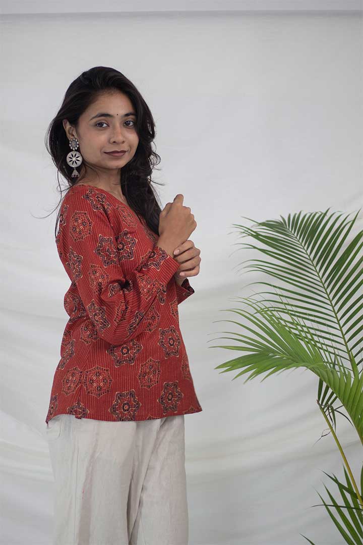 Brick Red Kantha work V-Neck Top